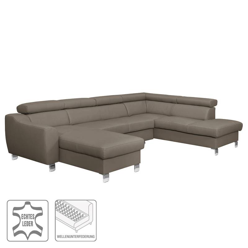 home24 Wohnlandschaft Burnside I Grau/Taupe Kunstleder 315 x 76 x 206cm Longchair davorstehend links / Ottomane rechts mit Schlaffunktion Modern von home24