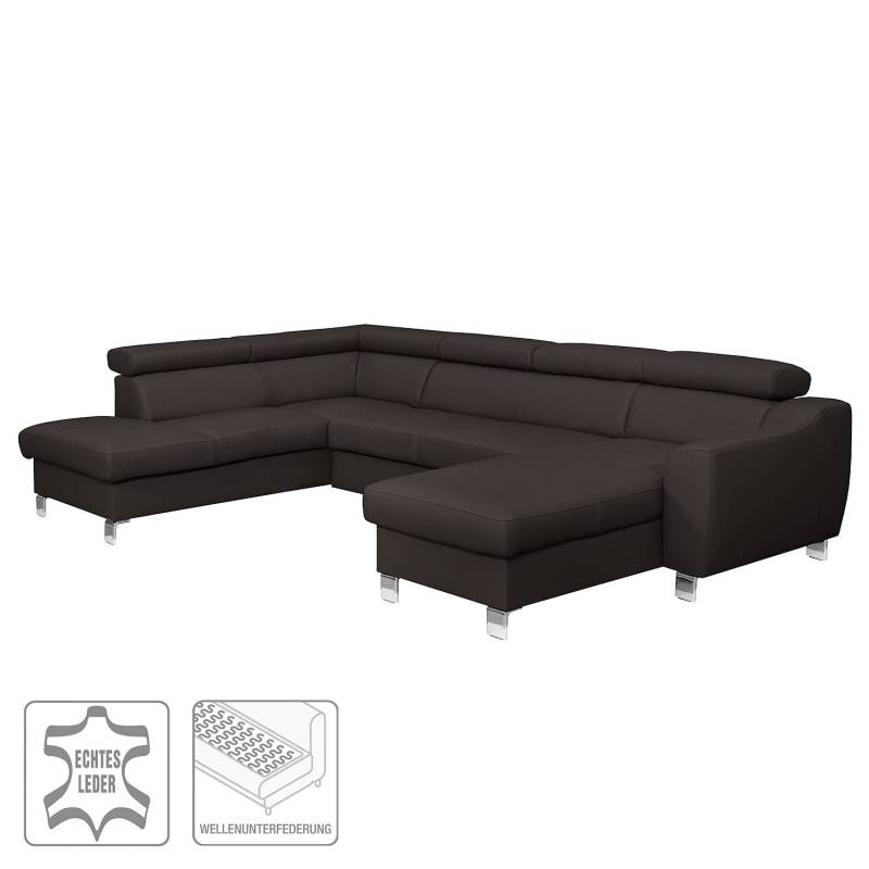 home24 Wohnlandschaft Burnside I Braun/Dunkelbraun Kunstleder 315 x 76 x 206cm Longchair davorstehend rechts / Ottomane links ohne Schlaffunktion von home24