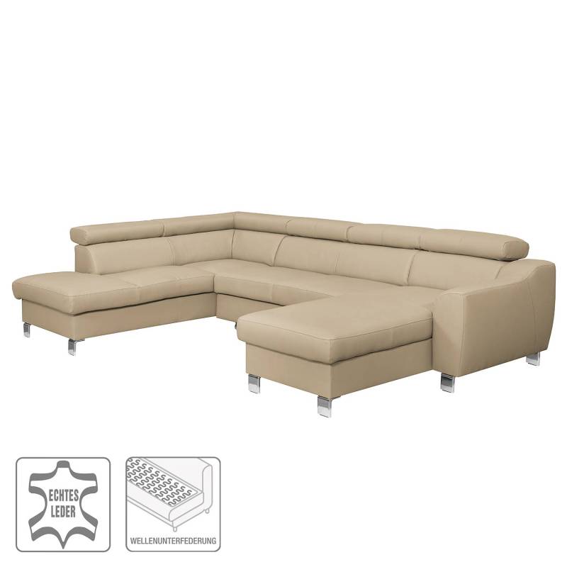 home24 Wohnlandschaft Burnside I Beige/Warmes Beige Kunstleder 315 x 76 x 206cm Longchair davorstehend rechts / Ottomane links mit Schlaffunktion von home24