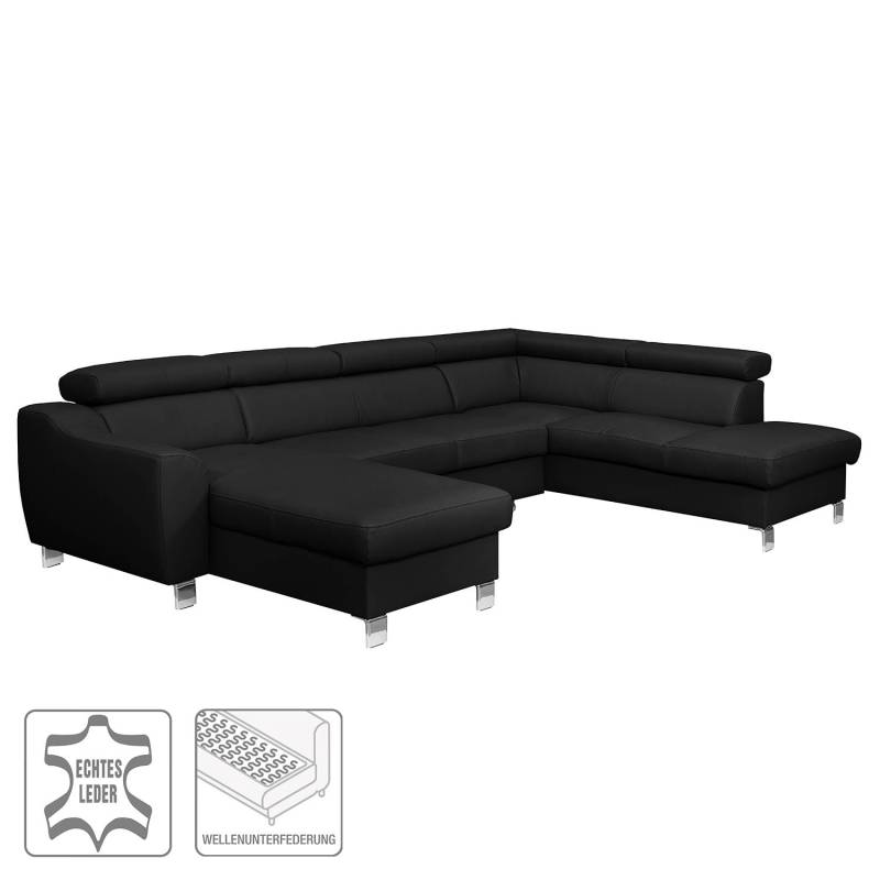 home24 Wohnlandschaft Burnside I Schwarz/Schwarz Kunstleder 315 x 76 x 206cm Longchair davorstehend links / Ottomane rechts mit Schlaffunktion Modern von home24