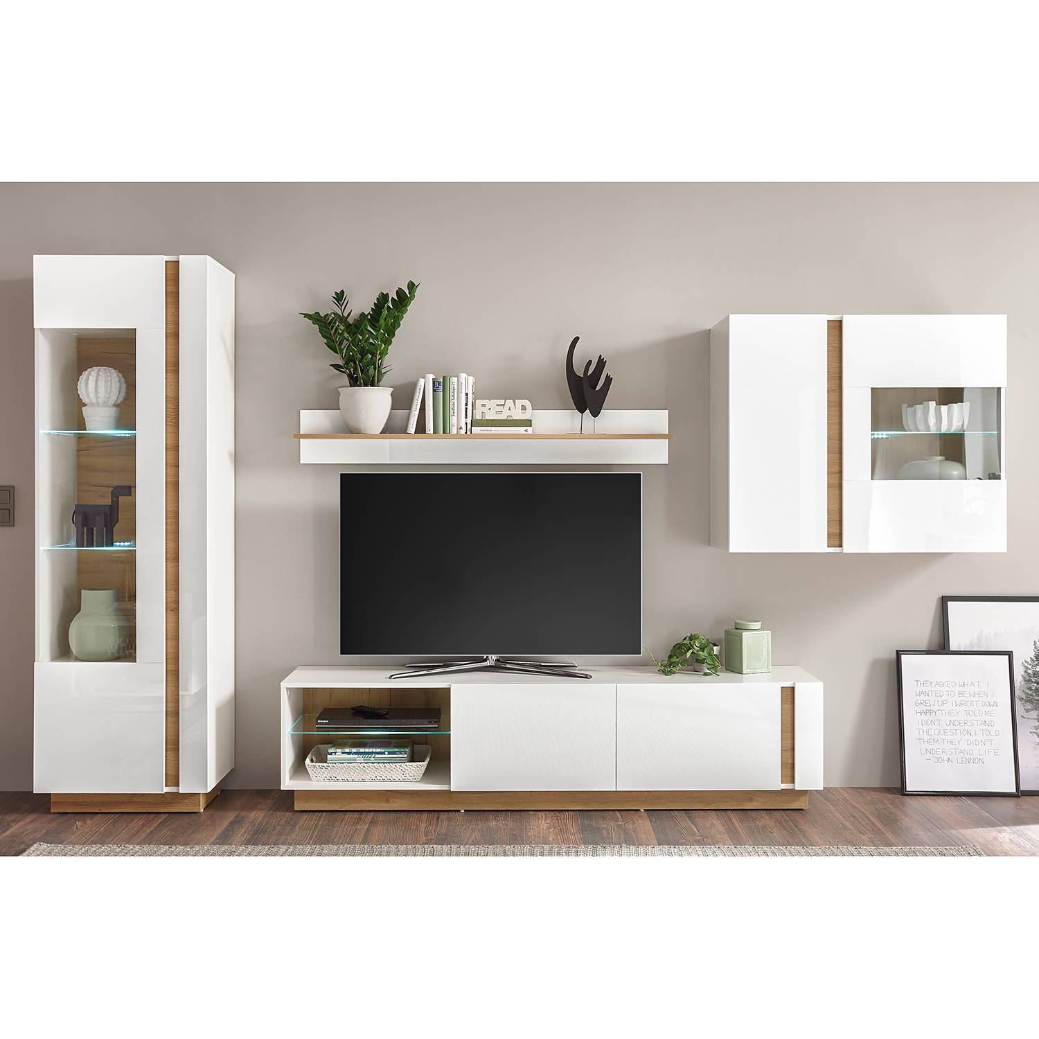 home24 Wohnwand II 4-teilig MDF Mitteldichte Holzfaserplatte , beschichtet Weiß 315 x 194 x 40cm von home24