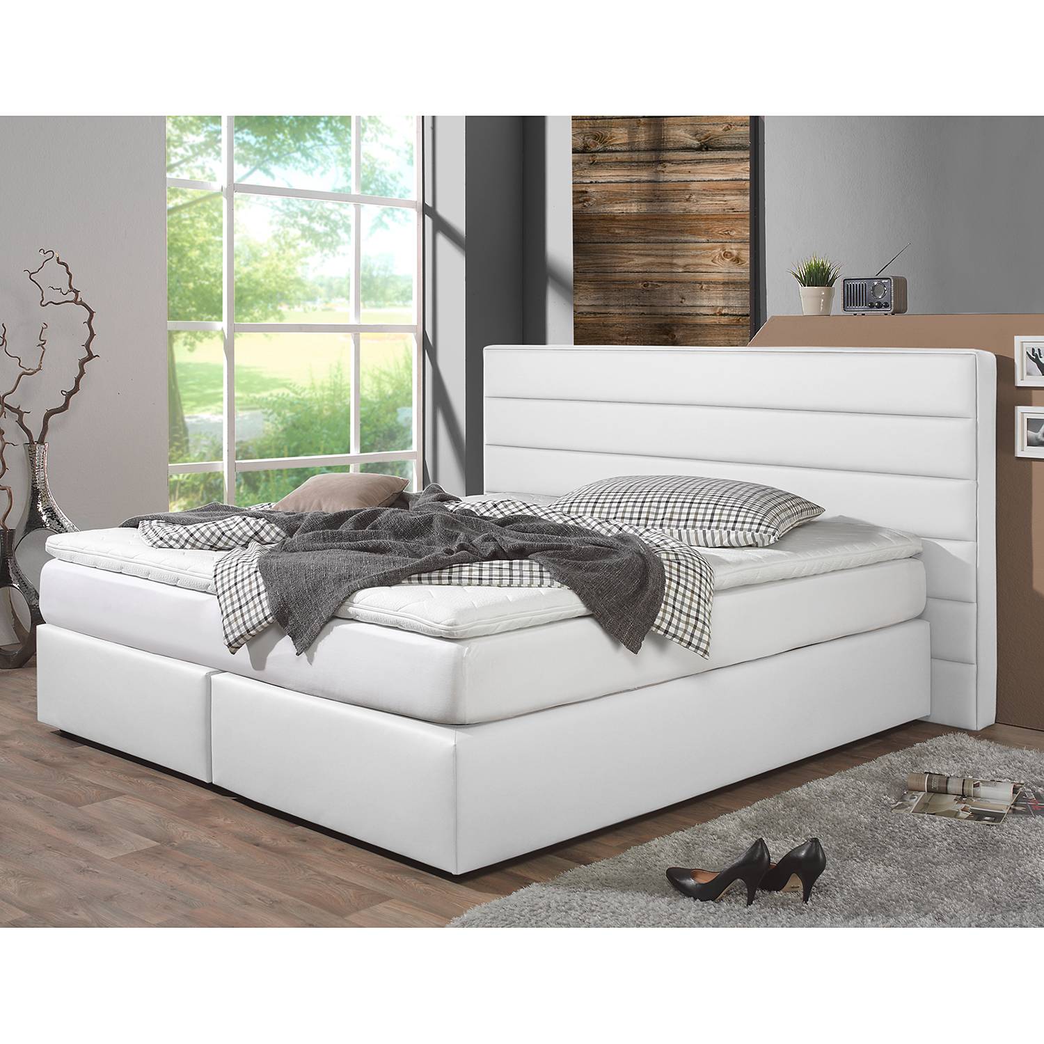 loftscape Boxspringbett Ingebo 140x200 cm Kunstleder Weiß mit Matratze Modern von loftscape