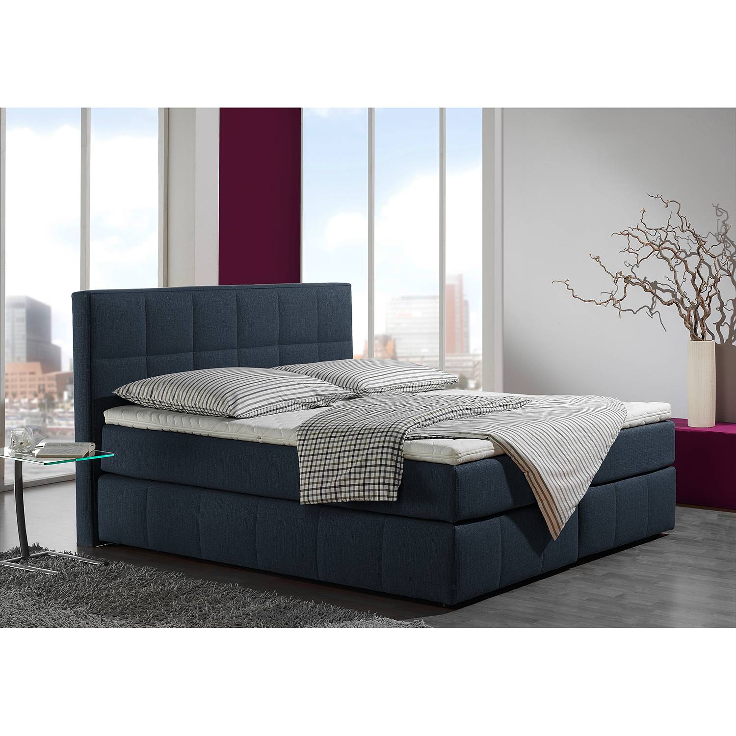 home24 Boxspringbett Lifford 140 x 200cm Blau/Jeansblau H2 Tonnentaschenfederkernmatratze von home24