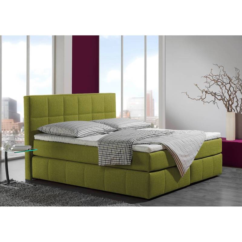 home24 Boxspringbett Lifford 140 x 200cm Grün/Lemon H3 Kaltschaummatratze von home24