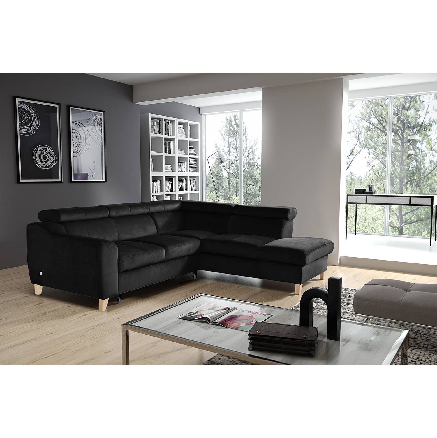 loftscape Ecksofa Burnside III Schwarz Microfaser 250x76x206 cm mit Schlaffunktion von loftscape