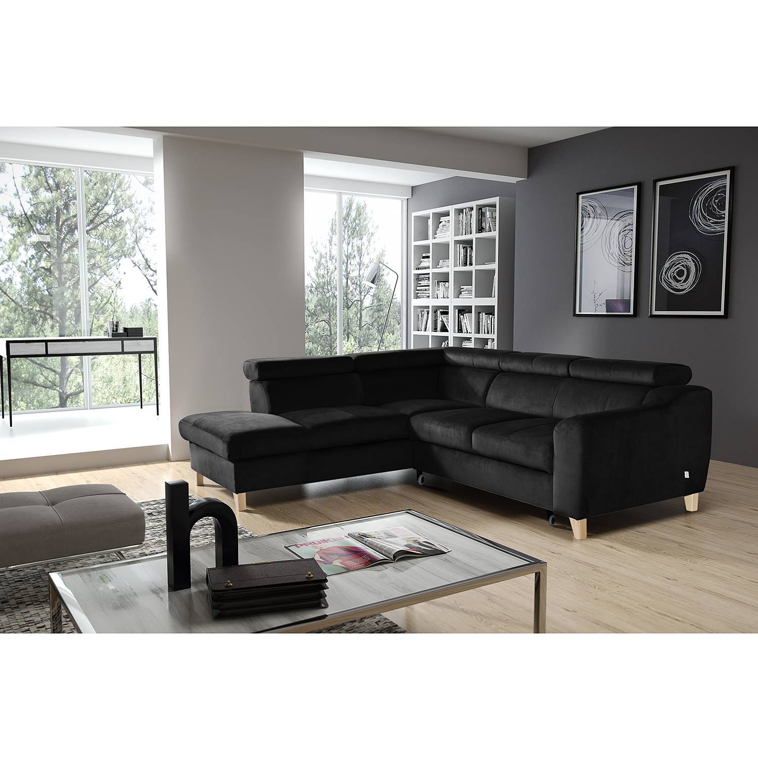 loftscape Ecksofa Burnside III Schwarz Microfaser 250x76x206 cm mit Schlaffunktion von loftscape