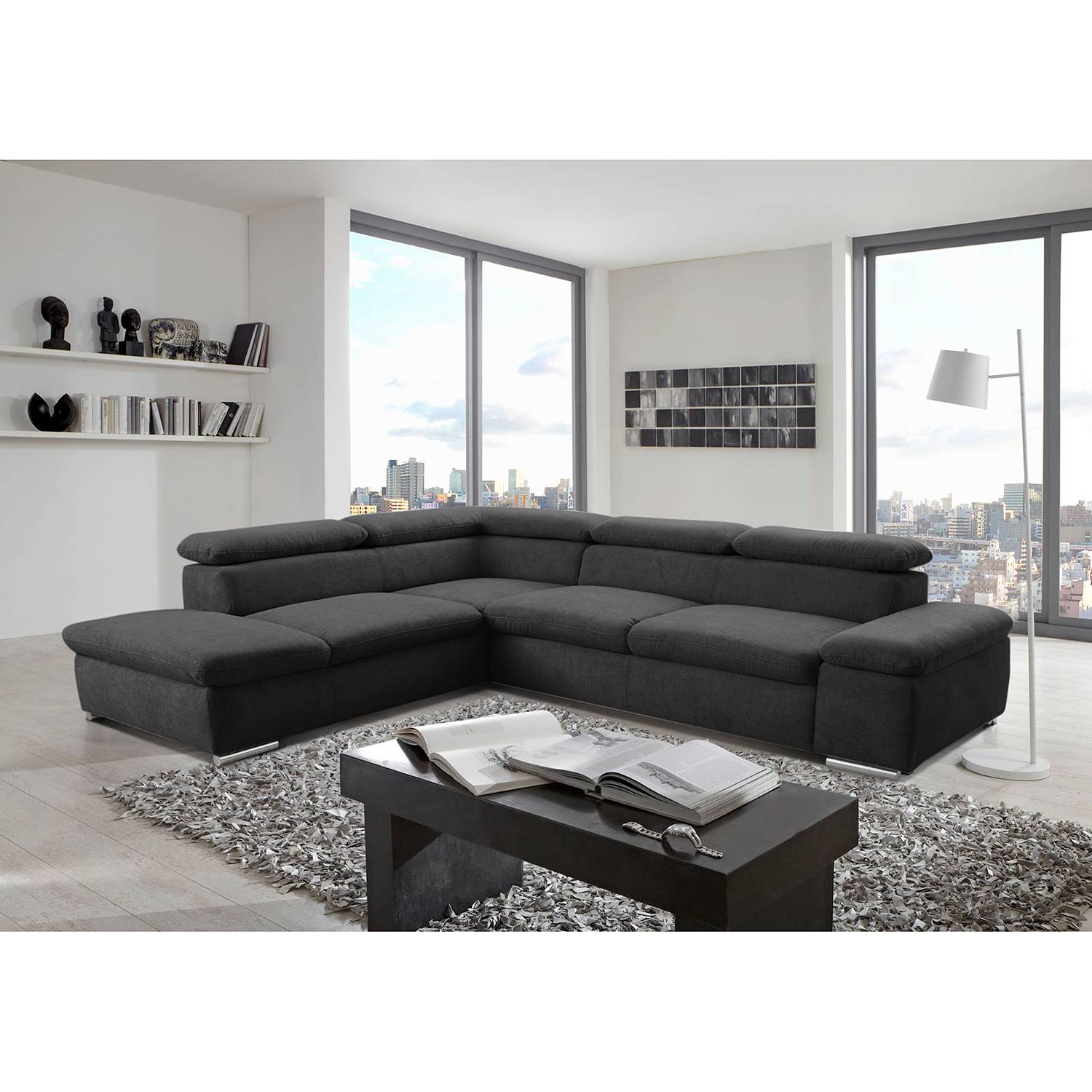 loftscape Ecksofa Glenaire I Schwarz Strukturstoff 273x88x225 cm mit Schlaffunktion von sit&more