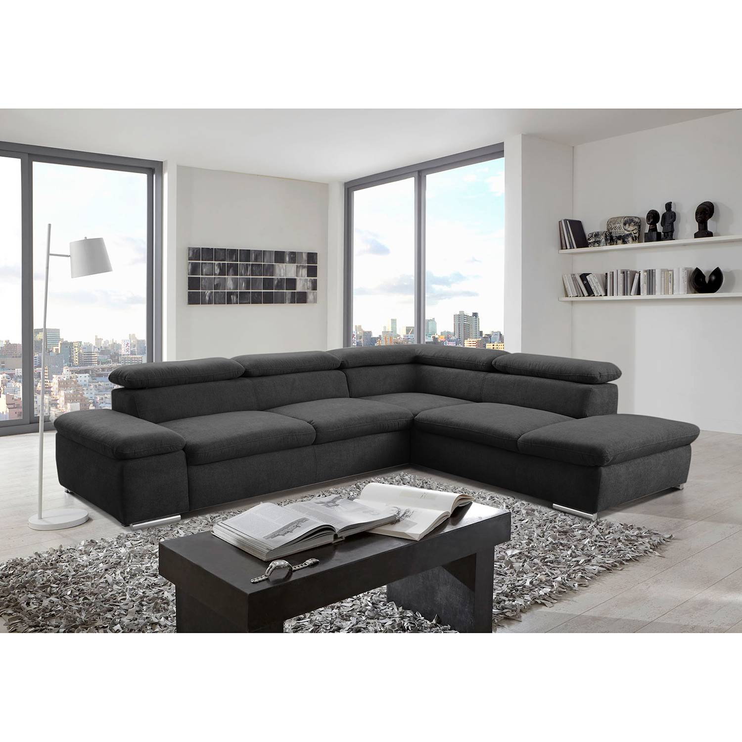 loftscape Ecksofa Glenaire I Schwarz Strukturstoff 273x88x225 cm mit Schlaffunktion von sit&more