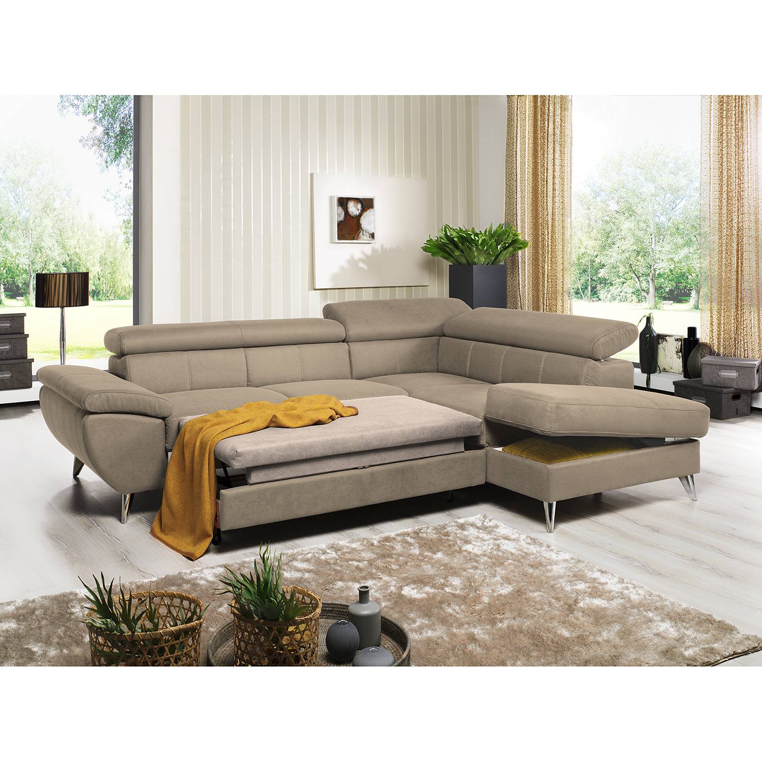 loftscape Ecksofa Hodge Cappuccino Echtleder 260x75x207 cm mit Schlaffunktion und Bettkasten von loftscape