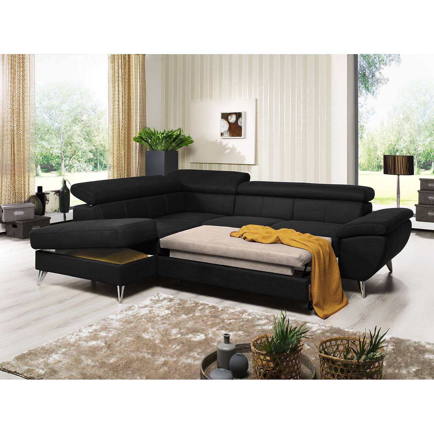 loftscape Ecksofa Hodge Schwarz Echtleder 260x75x207 cm mit Schlaffunktion und Bettkasten von loftscape