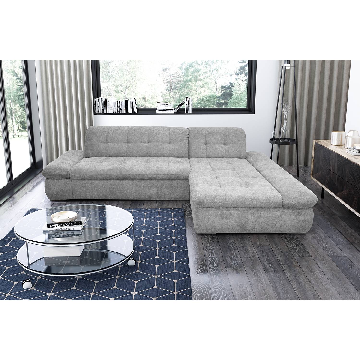 loftscape Ecksofa Lemley Platin Webstoff 300x80x172 cm mit Schlaffunktion von loftscape