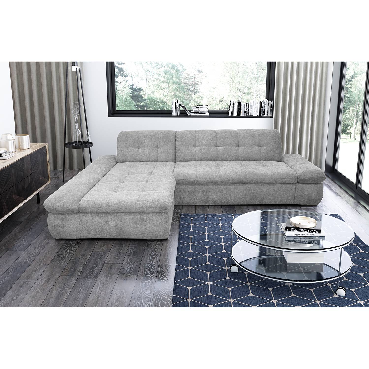 loftscape Ecksofa Lemley Platin Webstoff 300x80x172 cm mit Schlaffunktion von loftscape