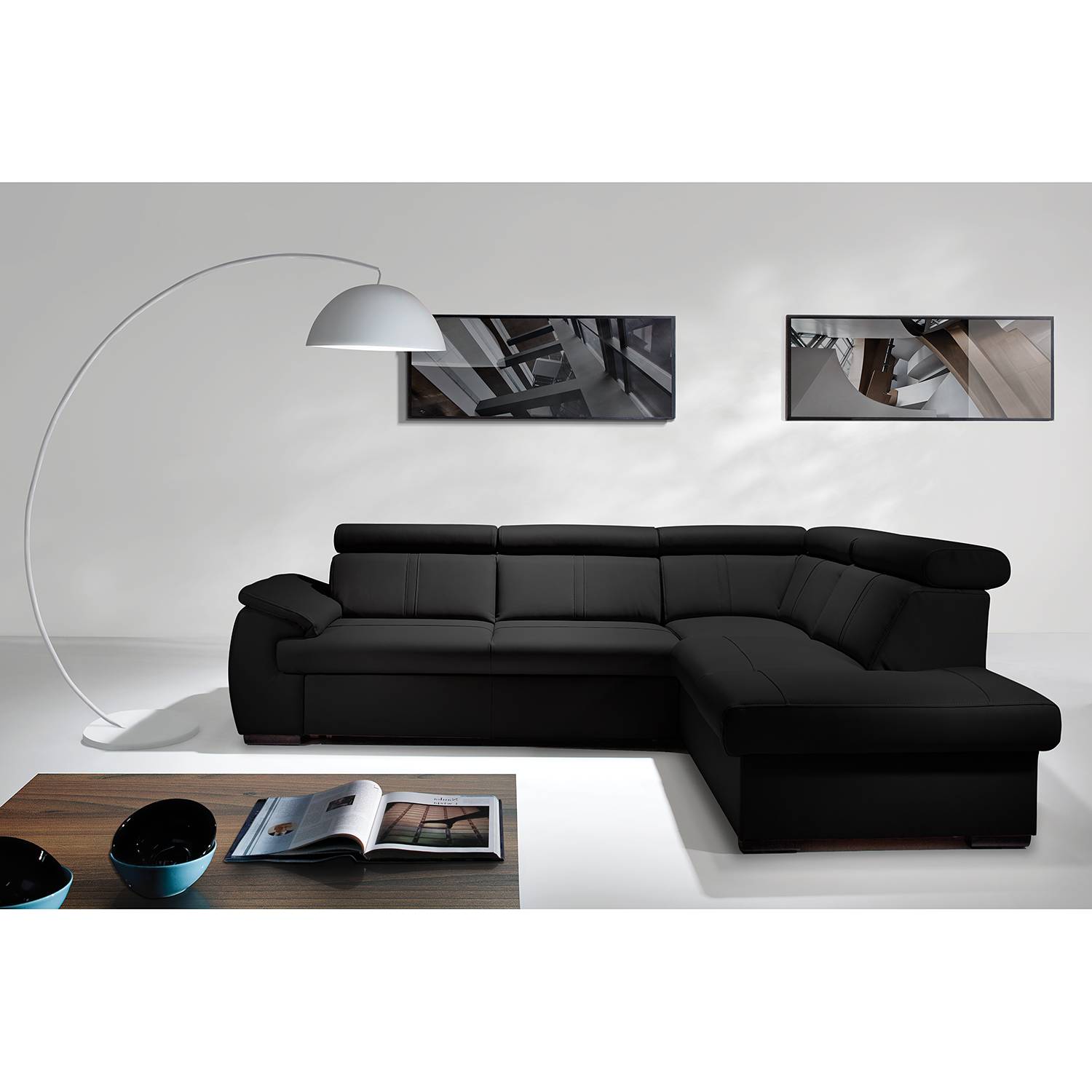 loftscape Ecksofa Olival IV 2-Sitzer Schwarz Echtleder 265x82x210 cm mit Schlaffunktion und Bettkasten von loftscape