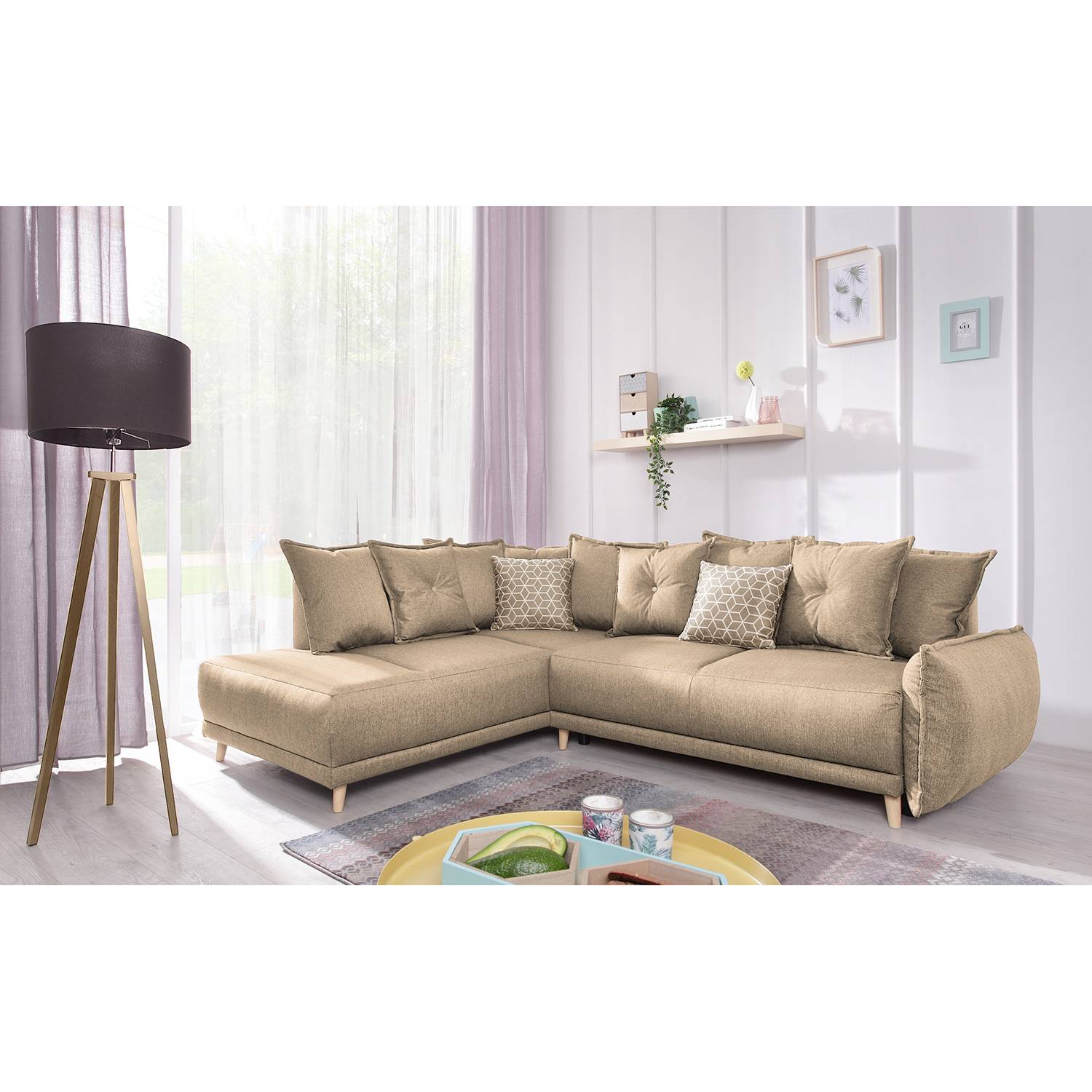 loftscape Ecksofa Panica I Sandgrau Webstoff 236x90x203 cm mit Schlaffunktion und Bettkasten von loftscape