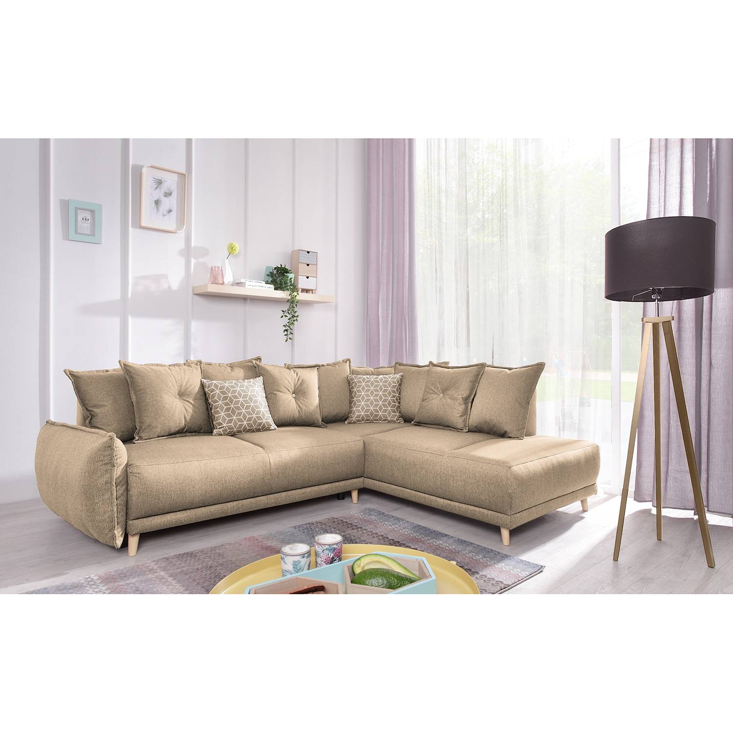 loftscape Ecksofa Panica I Sandgrau Webstoff 236x90x203 cm mit Schlaffunktion und Bettkasten von loftscape