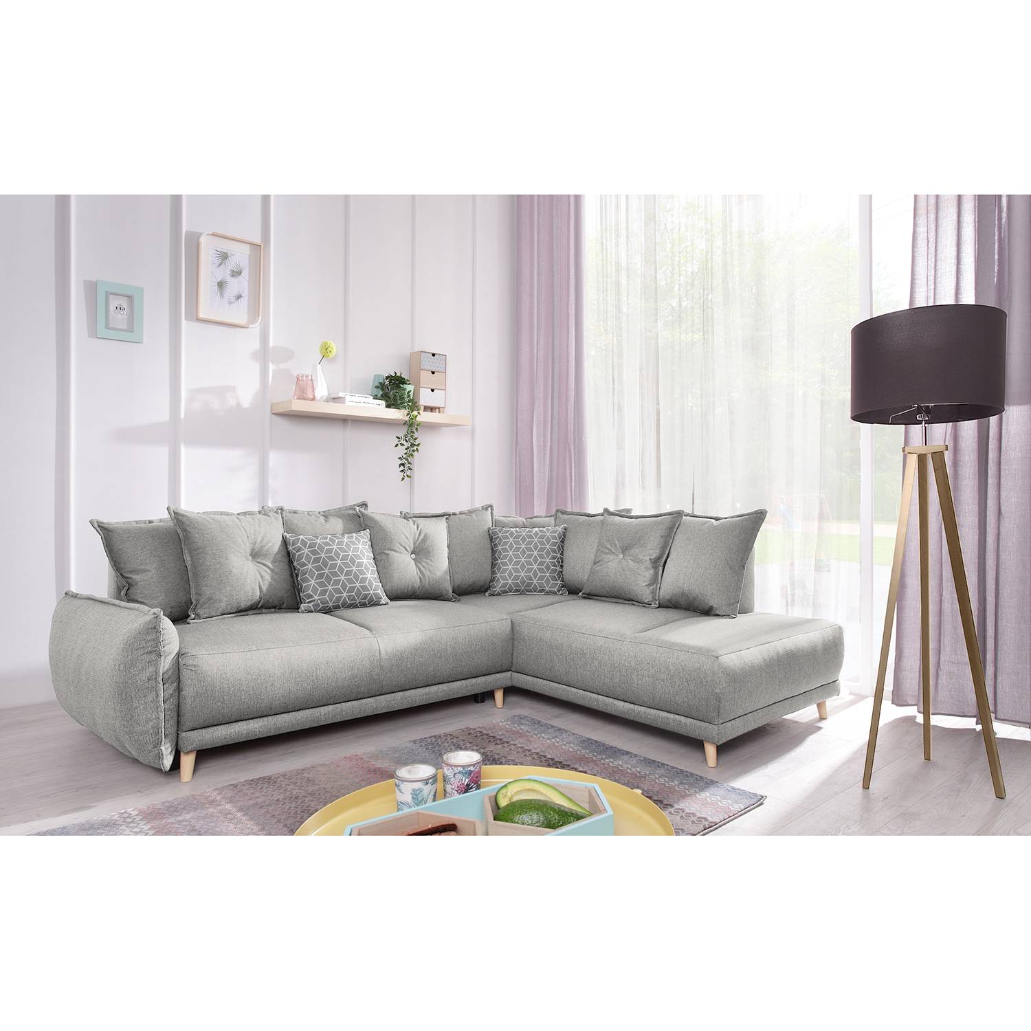 loftscape Ecksofa Panica I Silbergrau Webstoff 236x90x203 cm mit Schlaffunktion und Bettkasten von loftscape