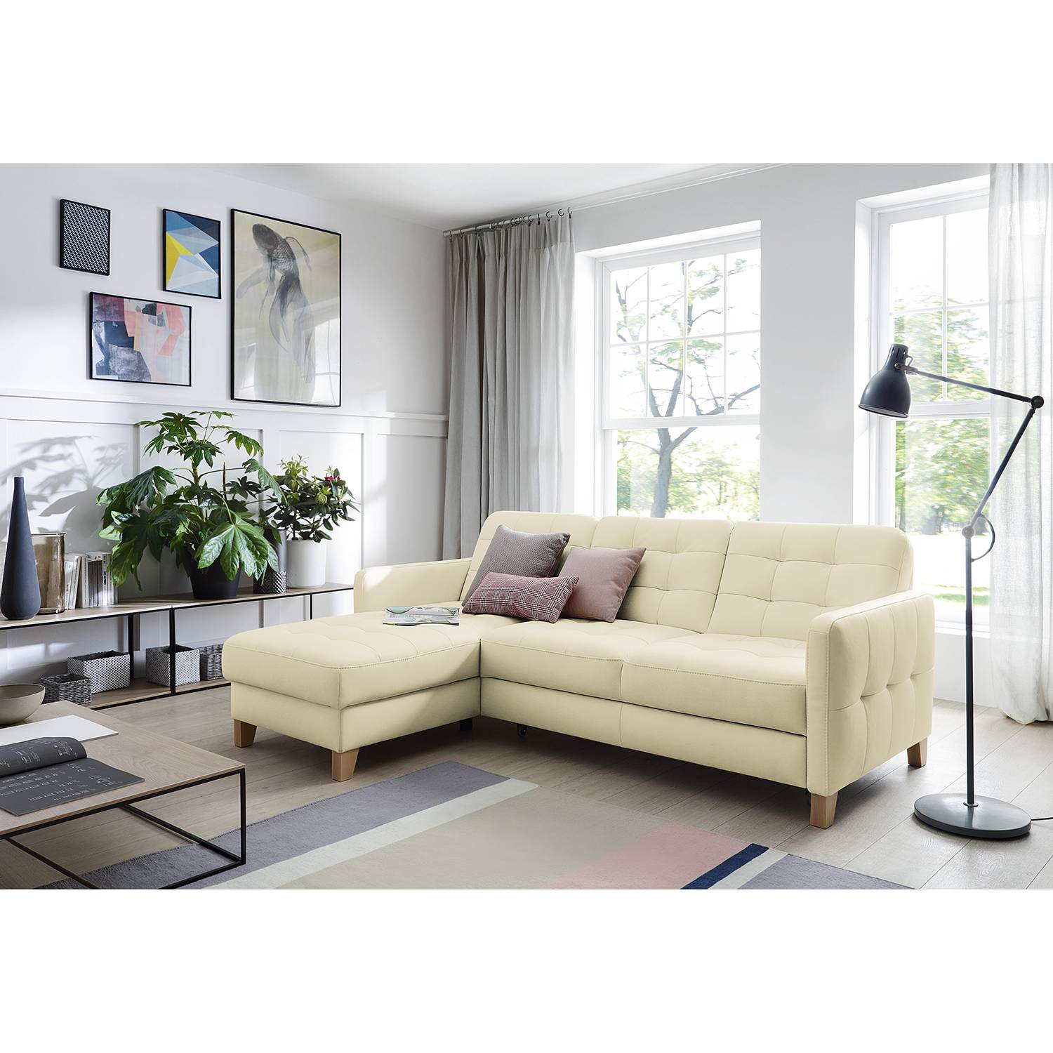 loftscape Ecksofa Princesa Weiß Echtleder 217x84x157 cm mit Schlaffunktion und Bettkasten von loftscape