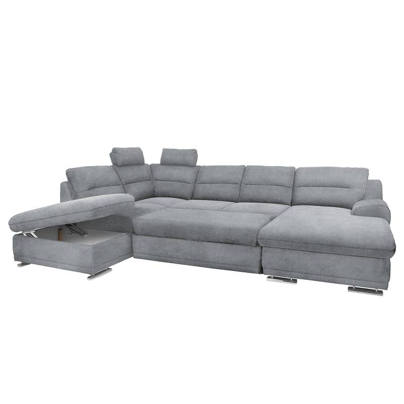 home24 Wohnlandschaft Rollin Grau/Lichtgrau Webstoff 334 x 88 x 218cm Longchair davorstehend rechts / Ottomane links Bettkasten/Schlaffunktion Modern von home24