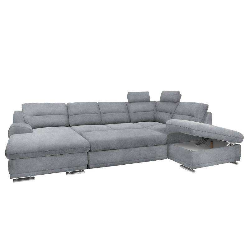 home24 Wohnlandschaft Rollin Grau/Lichtgrau Webstoff 334 x 88 x 218cm Longchair davorstehend links / Ottomane rechts Bettkasten/Schlaffunktion Modern von home24