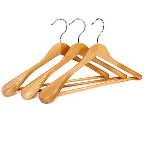 logei® 6 Stück Kleiderbügel aus Holz mit rutschfestem Hosensteg Naturqualität (6 Stück Kleiderbügel mit Breiten Schulterkanten) von logei