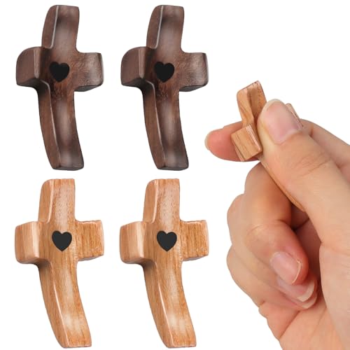 4 Stück Handschmeichler Kreuz,Handgehaltenes Schutzkreuz aus Holz,Walnussholz und Wachsbaumholz Tragbares Gebetskreuz,Hand geschnitztes Herzform Liebeskreuz für Deko Taufe Kommunion Andachtsgebete von loghohu