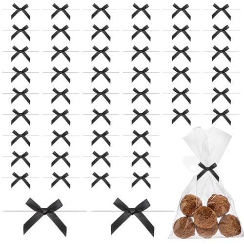 50 Stück Schleifen, Satinband Schwarz, Mini Schleifen aus Vorgebundenem Satinband Schleife zum Binden für Geschenk DIY Keks Bonbontüten Schwarz von loghohu