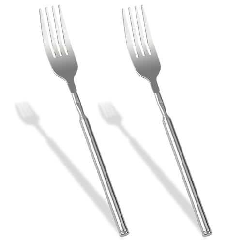 Ausziehbare Gabel für Witze, verlängerte Gabel, 22,9 bis 63,5 cm langer Griff, Teleskop-Gabeln, ausziehbar, Edelstahl, Abendessen, Obst, Dessertgabeln für Mahlzeiten und Spaß mit Familien (Silber), 2 von loghohu
