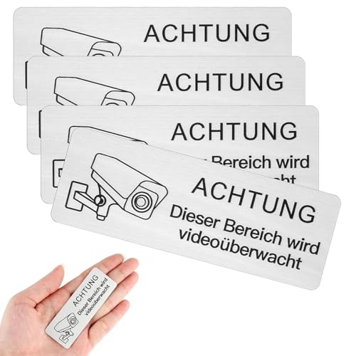 4 Stück Schild Videoüberwachung, 8.5x3 cm Selbstklebend Aluminium Schild Warnschild, Klein Aufkleber Achtung Videoüberwachung Schild, Hinweisschild Achtung Videoüberwachung Privatgrundstück, Rostfrei von lohill