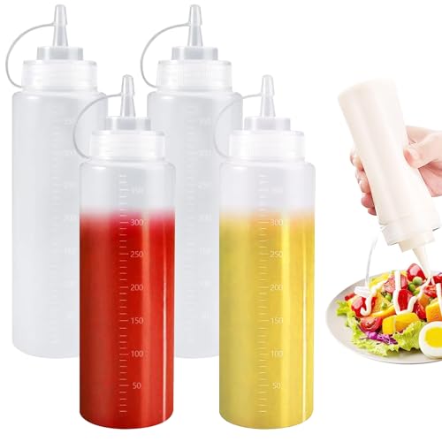 lomdung 4 Pcs Gewürz Squeeze Flaschen für Sauce, 360 ML Plastik Quetschflasche mit Kappen, BPA Frei, Kein Leck Condiment Flaschen, für Malen Backen Ketchup scharfe Soße Olivenöl Saucenflasche von lomdung