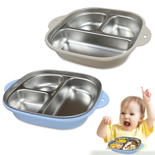 lomonmen 2 Stück Kinderteller mit Saugnapf,Edelstahlteller Baby Saugnapf,Teller mit Saugnapf,Kinder Teller BPA-frei für Baby Kleinkind und Kinder (Blau + Beige) von lomonmen