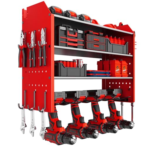 Elektrowerkzeug-Organizer, Wandhalterung, 4 Ebenen, stabiles Werkzeugregal mit 4 Bohrhaltern, robuste Werkzeug-Batteriehalter, Aufbewahrungsregal, Allzweckregale für Garage, Werkstatt (rot) von loonpon