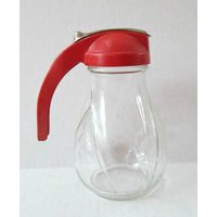 Roter Griff Glas Sirupkrug Spender/Vintage Mid Century Hausküche Dekor Roter Griff Glas Sirupkrug Spender/Vintage Mid Century Hausküche Dekor von looseendsvintage