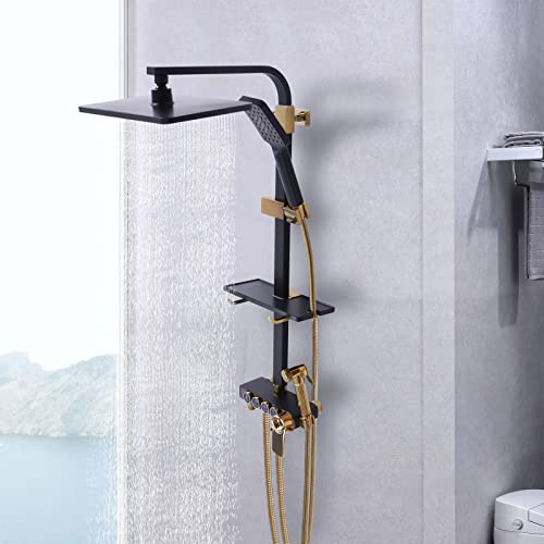 Duscharmatur mit Brausegarnitur 4 in 1 Komplettset Duschsystem mit 38℃ Thermostat, Wand Duschstangeset Wassertemperatur-Anzeige, 68cm Brausestange inkl Kopfbrause Handbrause von lousriyy