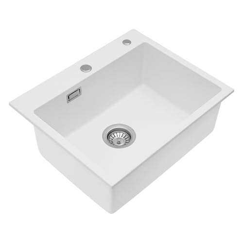 Küche Waschbecken mit Drainage Komponenten Küchenspüle 55 * 45cm Kücheneinbauspüle Einbauspüle Waschbecken Spülbecken aus Quarzstein, Unterbaubecken Küchenspülen 2-Loch Sink zuHause (Weiß) von lousriyy