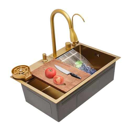 Multifunktions Wasserfall-Spüle mit Wasserhahn Einschalen-Küchenspüle Edelstahlspüle, Praktische Einbauspüle Spülbecken Haushaltsspülen-Set für Bars Küchen, 68 * 46 * 22cm (Gold) von lousriyy