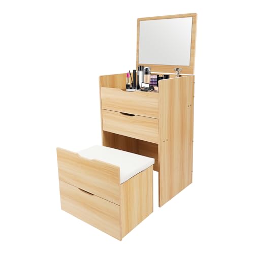 lousriyy Schminktisch mit Spiegel Klappspiegel & Schminkhocker, Kleines Schminktisch-Set Kompaktes 4 Schubladen Kosmetiktisch 40 * 48 * 80cm Platzsparend Frisiertisch für Schlafzimmer (Holzfarbe) von lousriyy