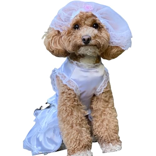 Hunde-Hochzeitskleid mit Kopfstücken, Luxus-Spitze, Hundebraut, Kostüm, weich, bequem, für Hochzeit, Partykleid, Braut, Haustierbekleidung für kleine, mittelgroße und große Hunde, Weiß, L von lovelonglong