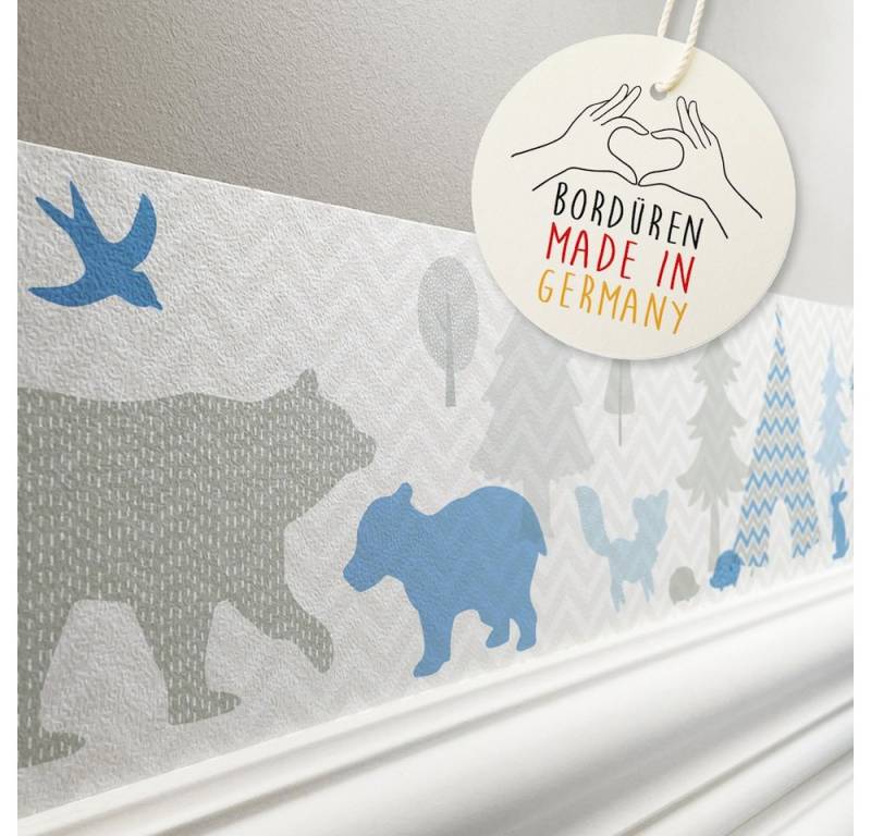 lovely label Bordüre Waldtiere im Tipi Land blau/beige-grau - Wandbordüre - Wanddeko Kinderzimmer, selbstklebend von lovely label