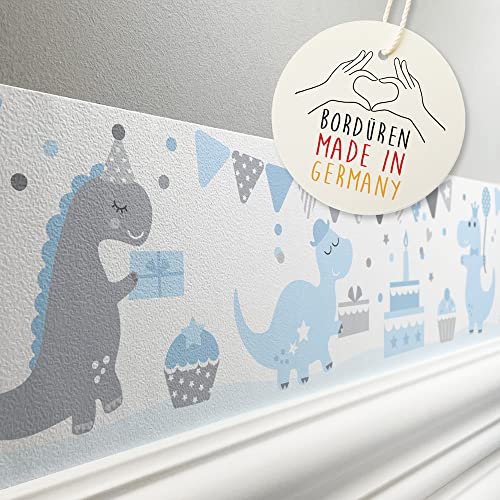 lovely label Bordüre selbstklebend DINO PARTY BLAU GRAU - Wandbordüre Kinderzimmer Babyzimmer mit Dinosaurier - Wandtattoo Schlafzimmer Junge – Wanddeko Baby Kinder von lovely label