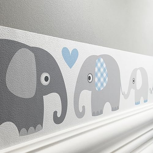 lovely label Bordüre selbstklebend ELEFANT GRAU BLAU - Wandbordüre Kinderzimmer Babyzimmer mit Elefanten - Wandtattoo Schlafzimmer Junge – Wanddeko Baby Kinder von lovely label