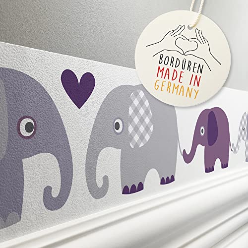 lovely label Bordüre selbstklebend ELEFANT GRAU LILA - Wandbordüre Kinderzimmer Babyzimmer mit Elefanten - Wandtattoo Schlafzimmer Mädchen – Wanddeko Baby Kinder von lovely label