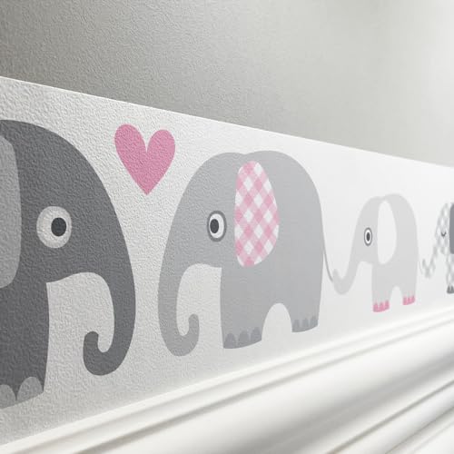 lovely label Bordüre selbstklebend ELEFANT GRAU ROSA - Wandbordüre Kinderzimmer Babyzimmer mit Elefanten - Wandtattoo Schlafzimmer Mädchen – Wanddeko Baby Kinder von lovely label