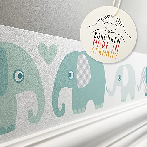 Wandtattoo Schlafzimmer Mädchen & Junge Wanddeko Baby/Kinder lovely label Bordüre selbstklebend Elefanten Taupe/Mint/Nude Wandbordüre Kinderzimmer/Babyzimmer mit Elefanten 