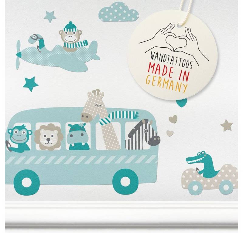 lovely label Wandsticker Tiere on Tour taupe/mint/petrol - Wandtattoo Kinderzimmer Baby von lovely label