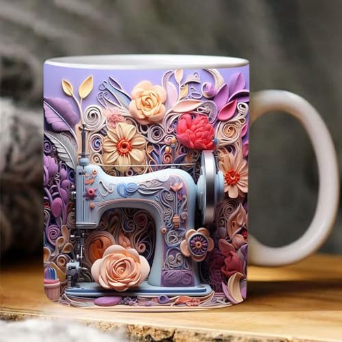 3D Nähmaschinen Tasse | 3D Nähtasse Bemalt | 3d Tasse Keramik Nähmaschinen Kaffeetasse | Neuartige Kaffeebecher Mit Flachem Blumen Schnittmuster | Buchliebhaber Kaffeetasse | Steingut Keramikbecher von lovemetoo
