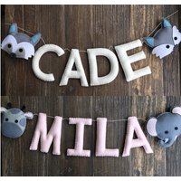 Filz Namen Girlanden, Name Banner, Baby-Dusche-Dekoration, Baby Wimpelkette, Kinderzimmer Dekor, Buchstabe, Wollfilz, Wald Kinderzimmer von lovesashnlala