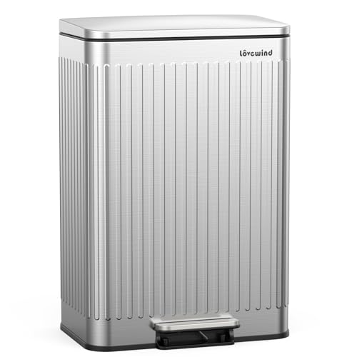 lovewind 60L Mülleimer Küche Edelstahl Silber, Pedal-Behälter mit Soft-Close Deckel, 2 herausnehmbare Einsätze mit Griff & Beutelhalter, Römisches Design, geruchsdicht, für 3-6 Personen von lovewind