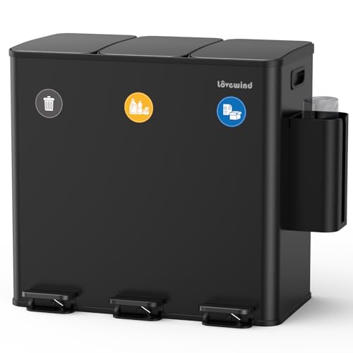 lovewind Mülleimer Küche 3 x 20L Recycling Mülleimer 3 Fach Mülleimer für Recycling und Abfall Inklusive Müllsack Aufbewahrungsbox Magnetetikett Softclose Deckel Pedale Inneneimer Stahl Schwarz von lovewind