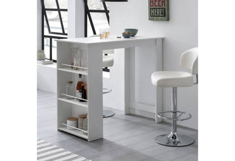 lovingHome® Bartisch Bartisch 3 Fächer Weiß 120 x 107,5 x 60 cm Stehtisch Kächenbartisch (1 Stück), Silberfarbene Streben zieren die Regalfächer von lovingHome®