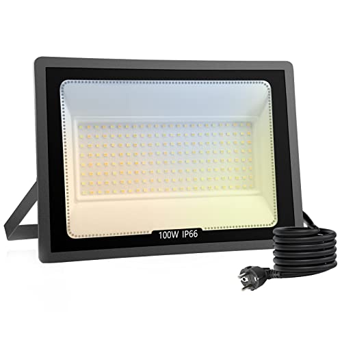 loyal 100W LED Strahler Fluter Außen Dimmbar 10000LM, 3000K/4000K/6000K LED Scheinwerfer Dimmen per Wandschalter, IP66 Wasserdicht Außenstrahler für Garten, Hof, Garage, mit 1.2M Kabel, Stecker von loyal